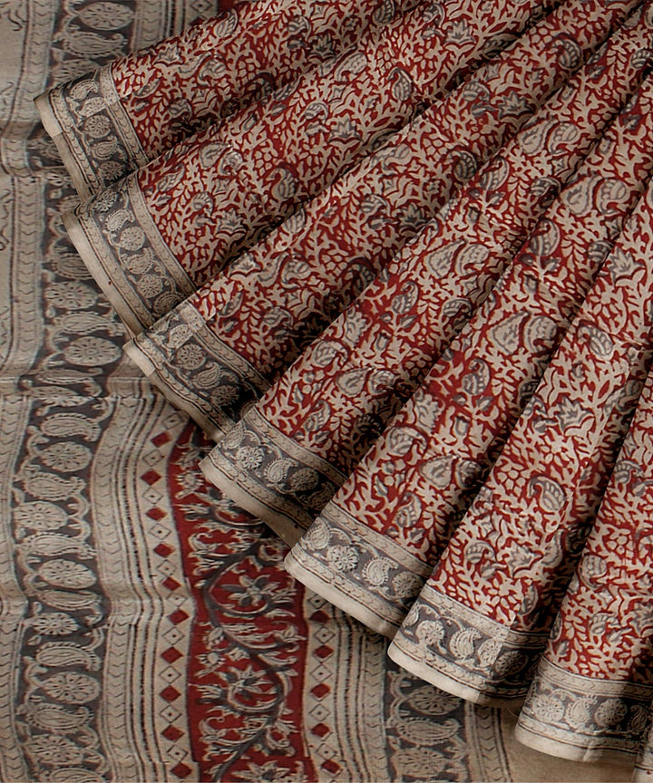 Beige red cotton silk handloom block printed kalamkari saree