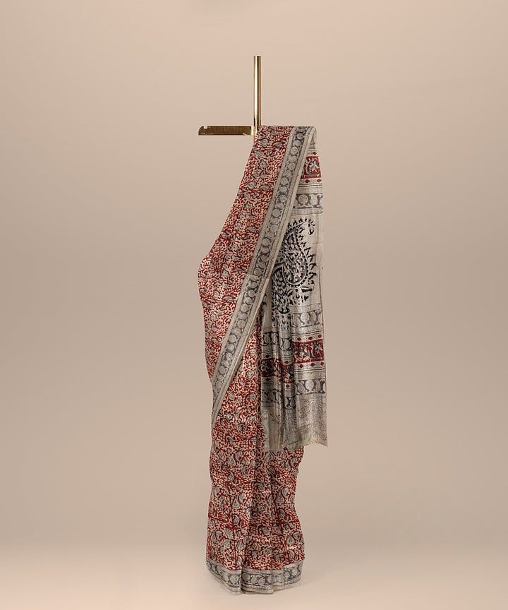 Beige red cotton silk handloom block printed kalamkari saree