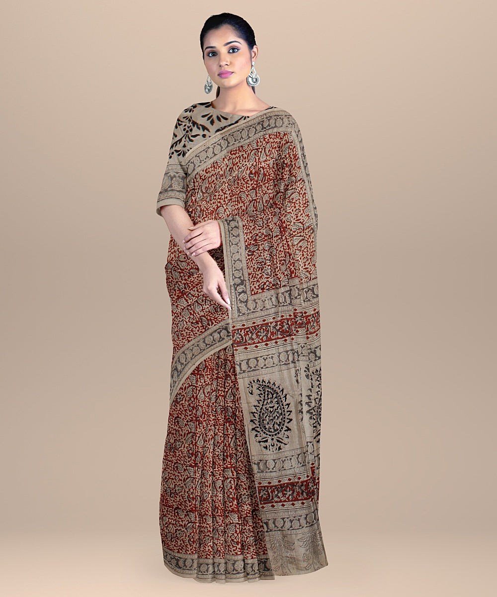 Beige red cotton silk handloom block printed kalamkari saree