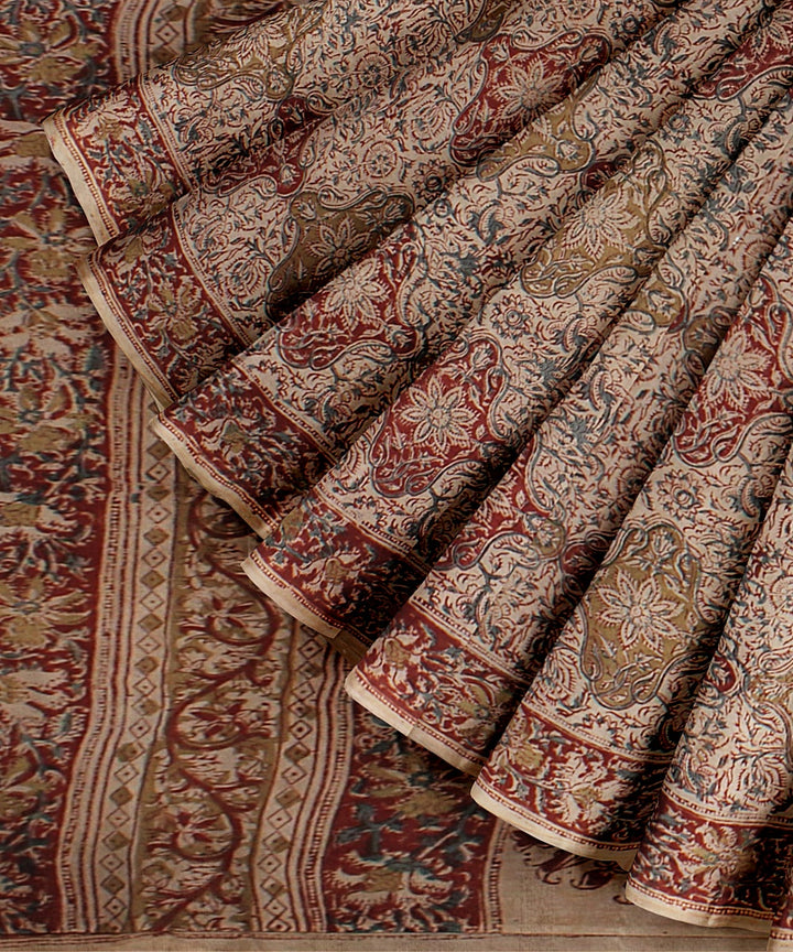 Beige maroon cotton handloom block printed kalamkari saree