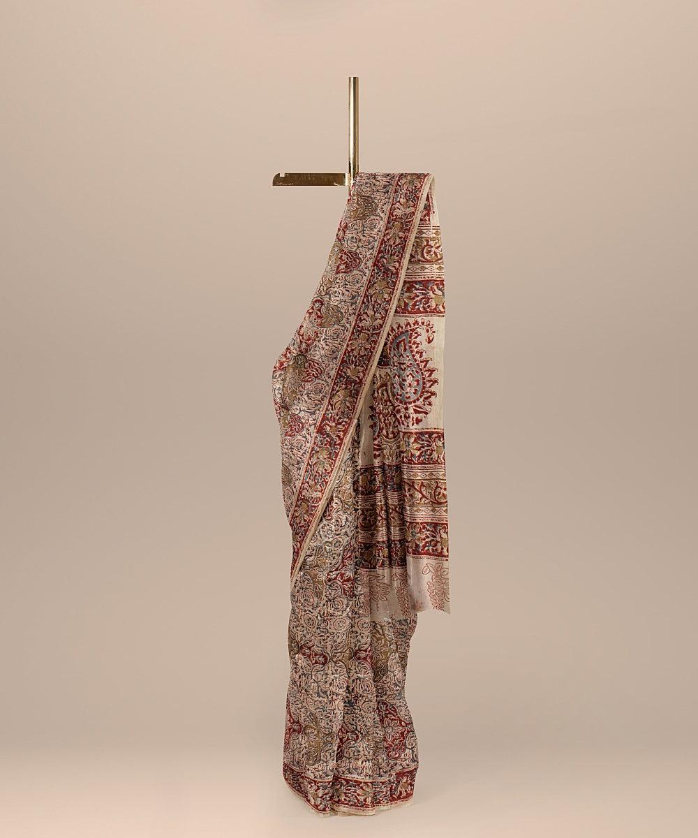 Beige maroon cotton handloom block printed kalamkari saree