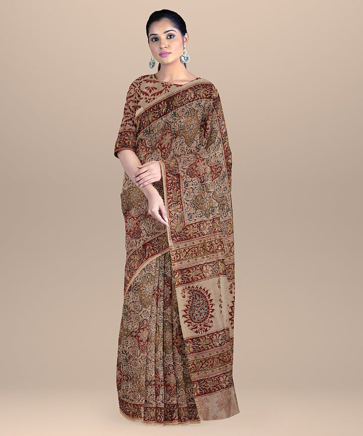 Beige maroon cotton handloom block printed kalamkari saree