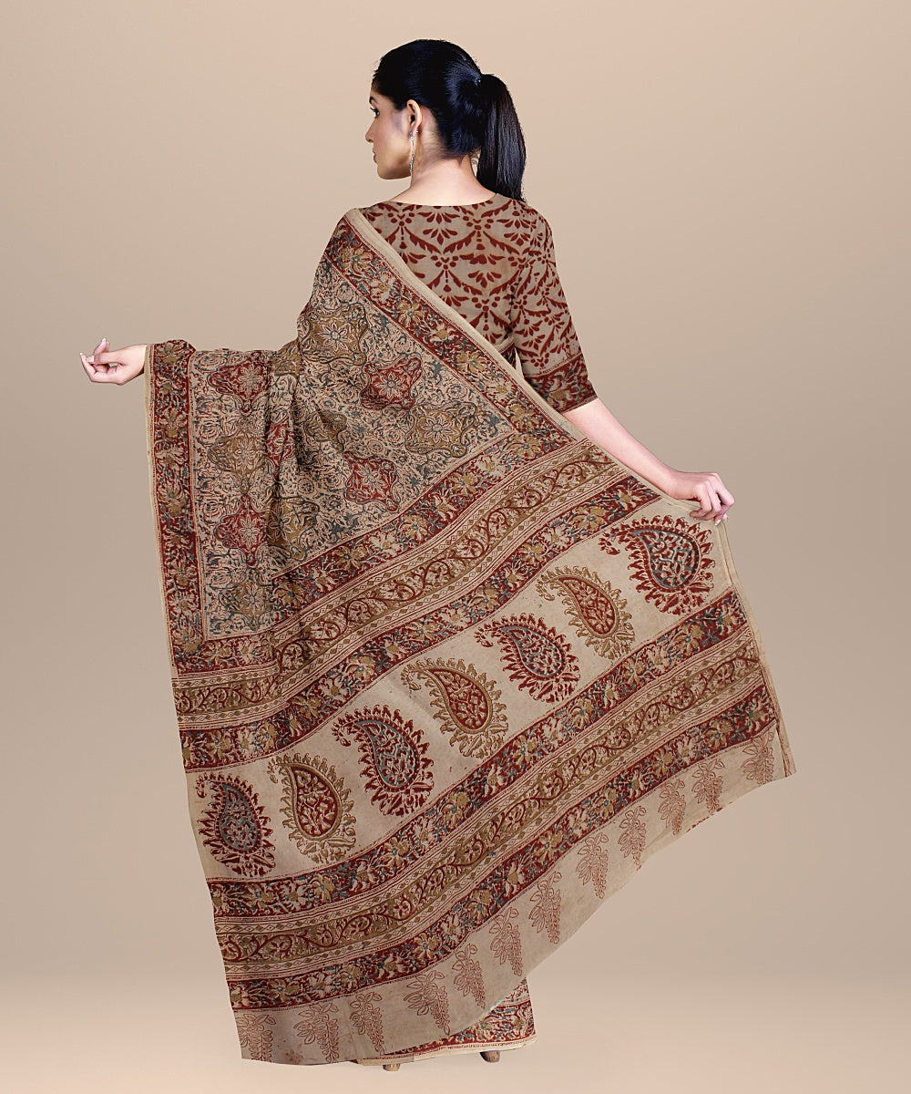 Beige maroon cotton handloom block printed kalamkari saree