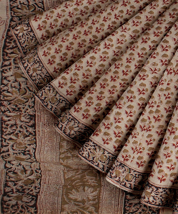Beige red black handloom block printed kalamkari cotton saree