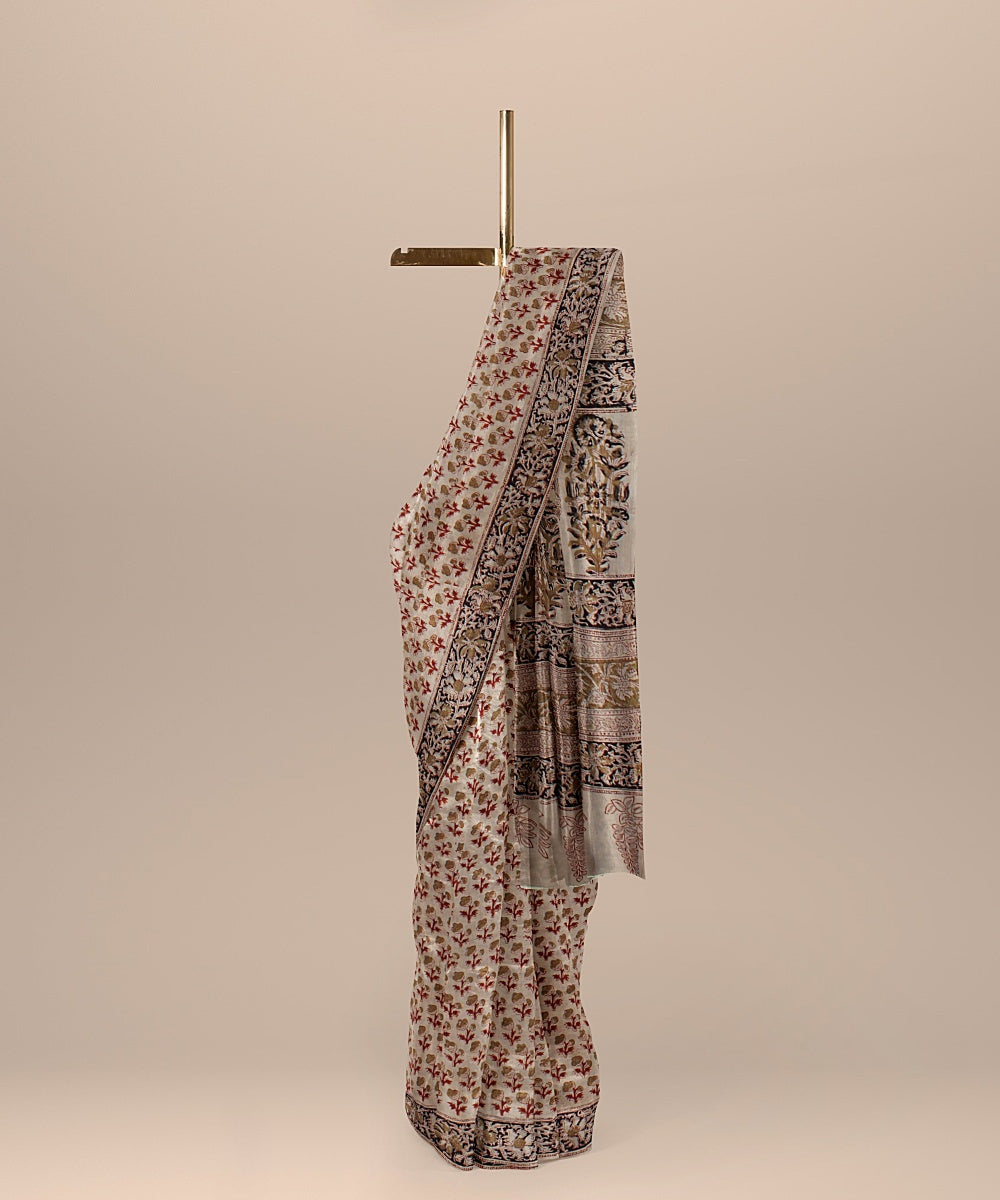 Beige red black handloom block printed kalamkari cotton saree