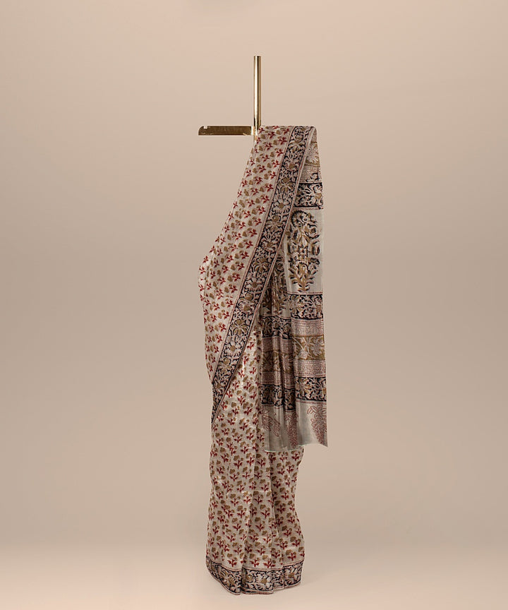 Beige red black handloom block printed kalamkari cotton saree