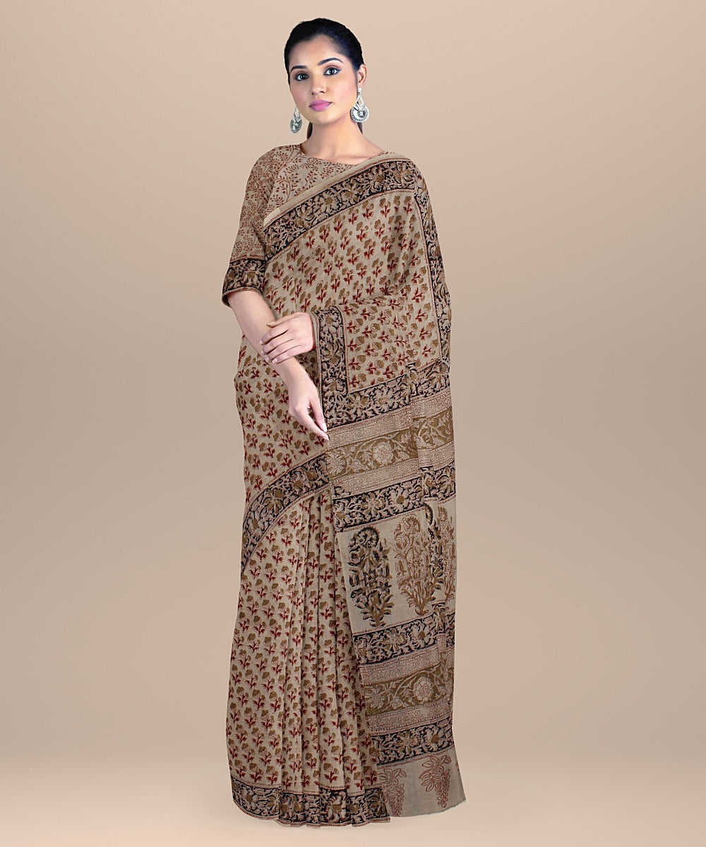 Beige red black handloom block printed kalamkari cotton saree