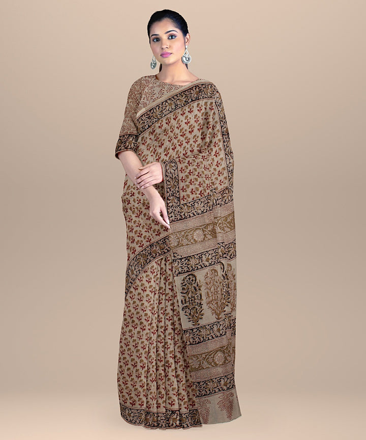 Beige red black handloom block printed kalamkari cotton saree