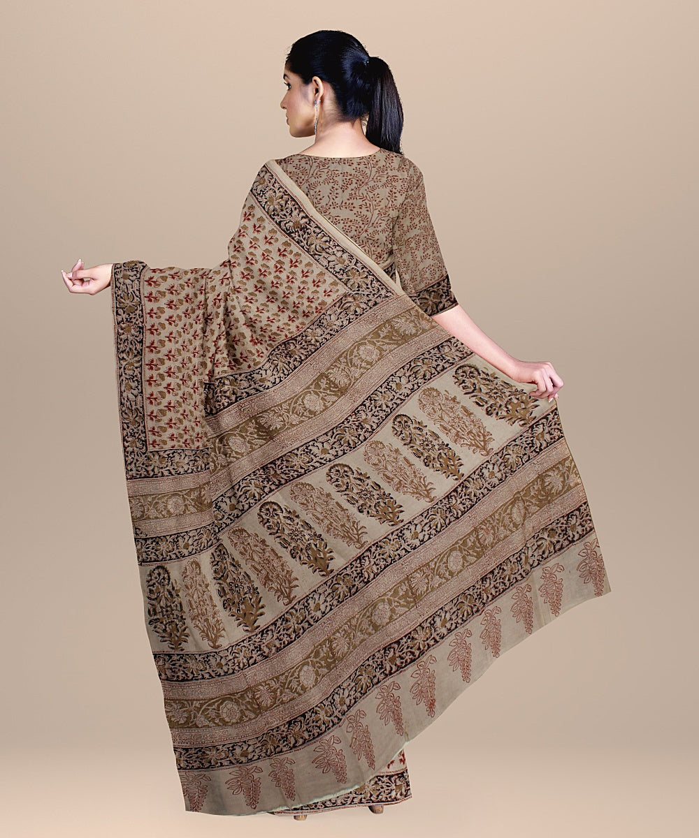 Beige red black handloom block printed kalamkari cotton saree