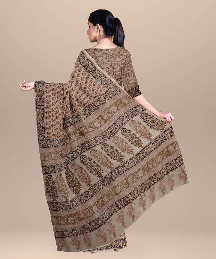Beige red black handloom block printed kalamkari cotton saree