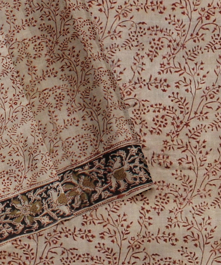 Beige red black handloom block printed kalamkari cotton saree