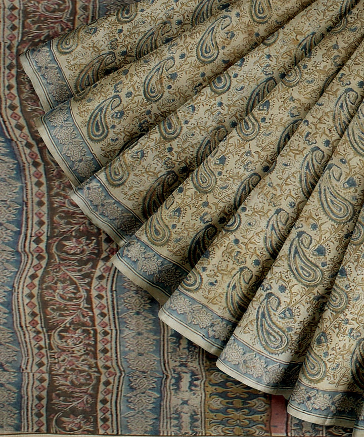 Beige black cyan blue handloom cotton block printed kalamkari saree