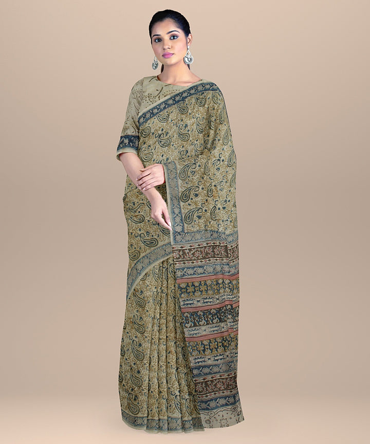 Beige black cyan blue handloom cotton block printed kalamkari saree