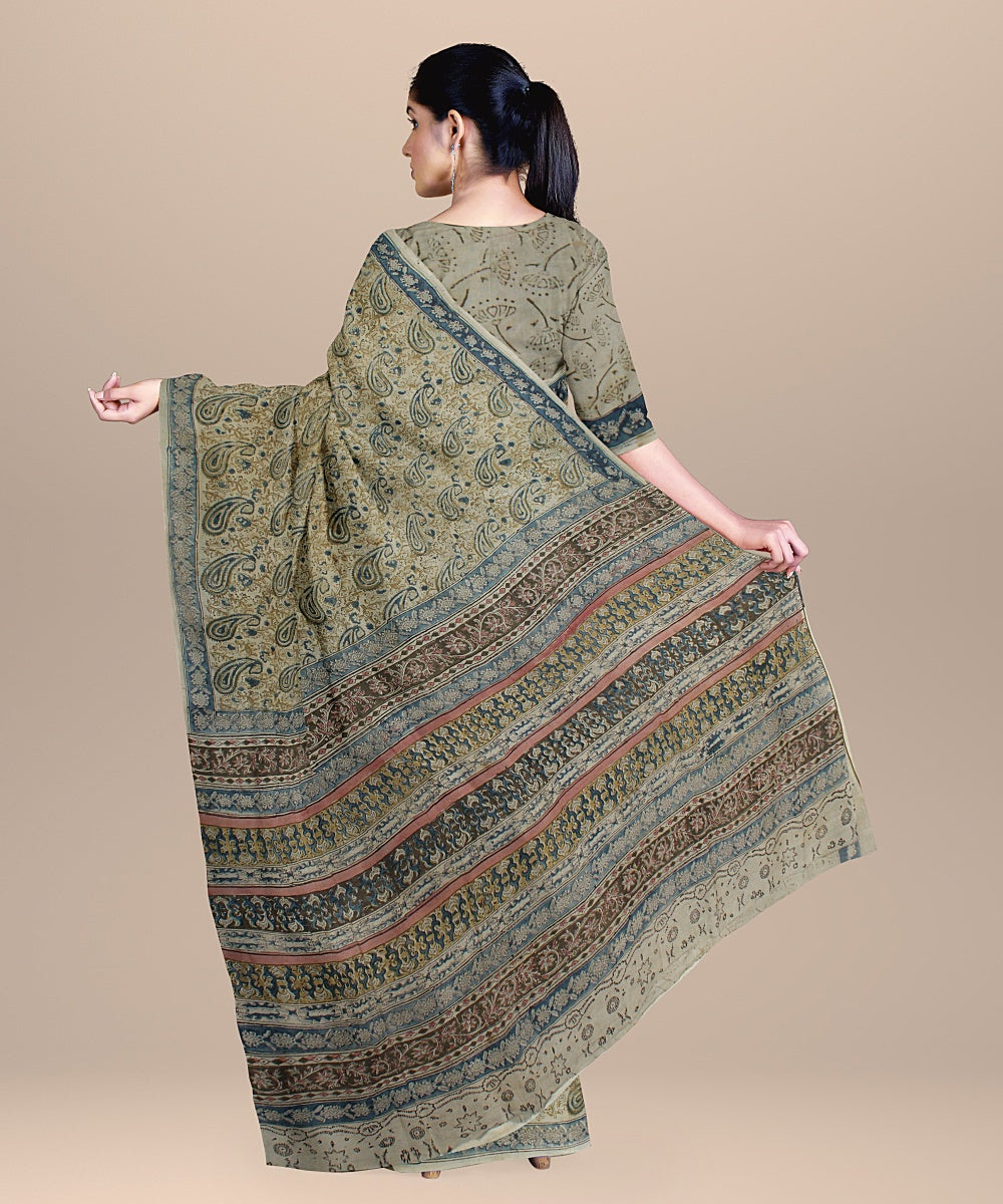 Beige black cyan blue handloom cotton block printed kalamkari saree