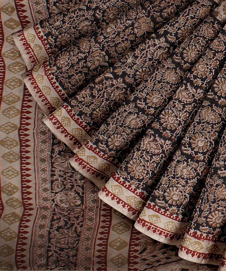 Beige black maroon cotton handloom block printed kalamkari saree