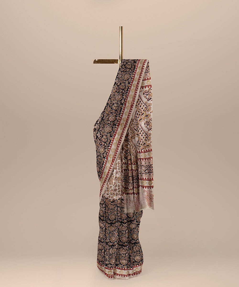 Beige black maroon cotton handloom block printed kalamkari saree