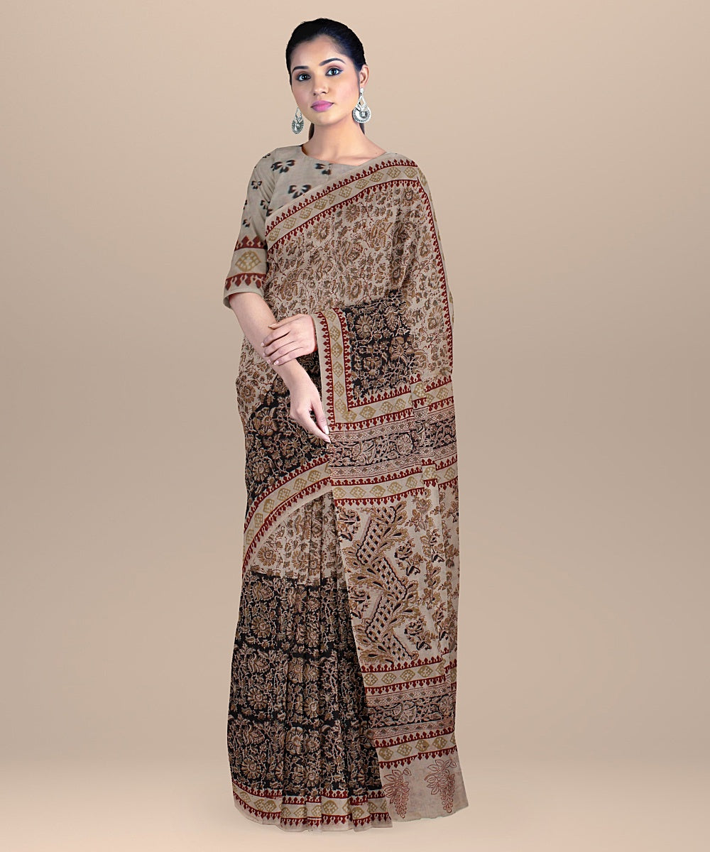 Beige black maroon cotton handloom block printed kalamkari saree