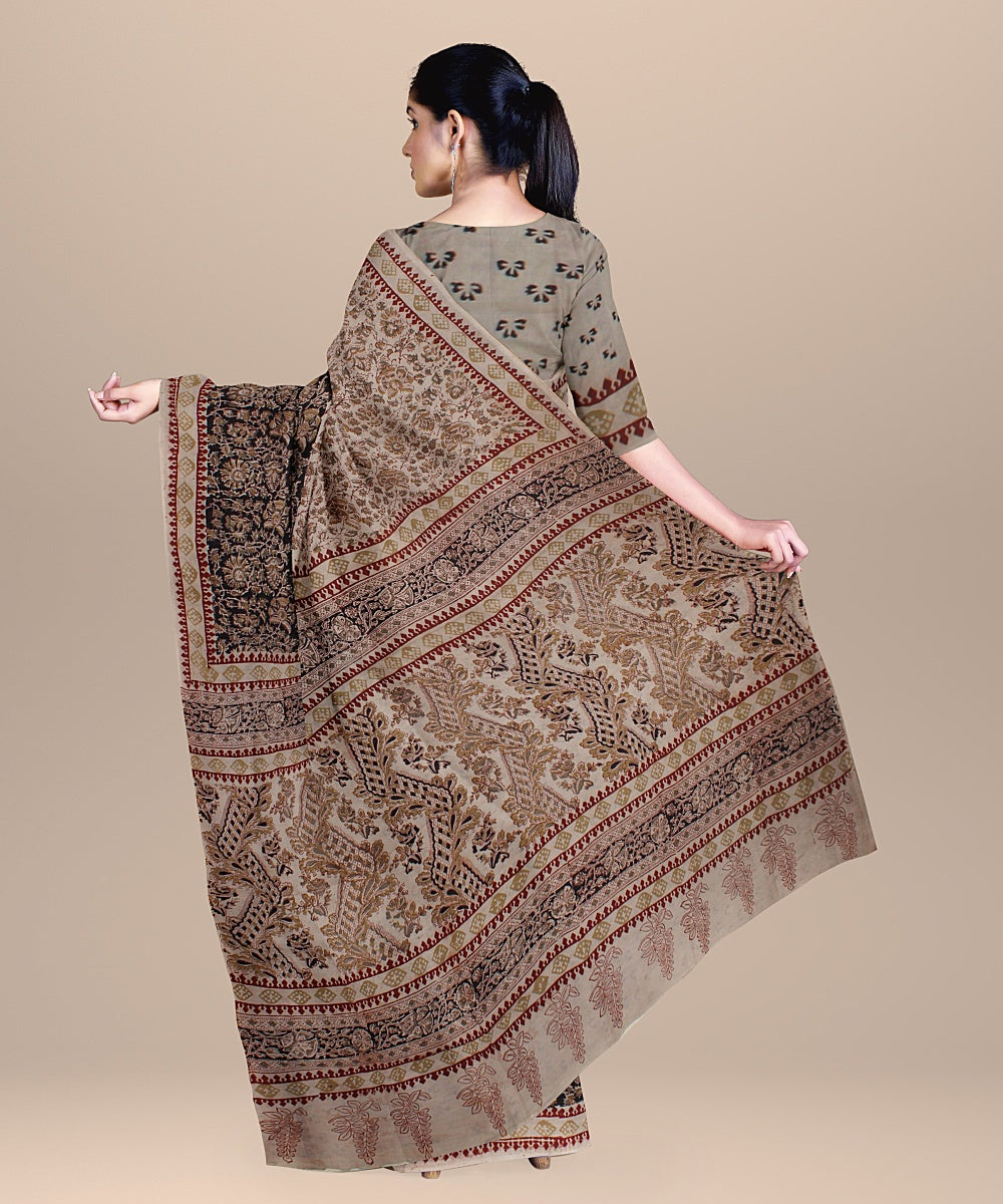 Beige black maroon cotton handloom block printed kalamkari saree