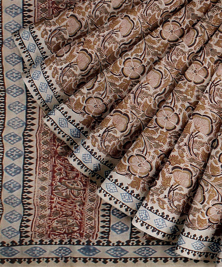 Beige cyan blue red cotton handloom block printed kalamkari saree