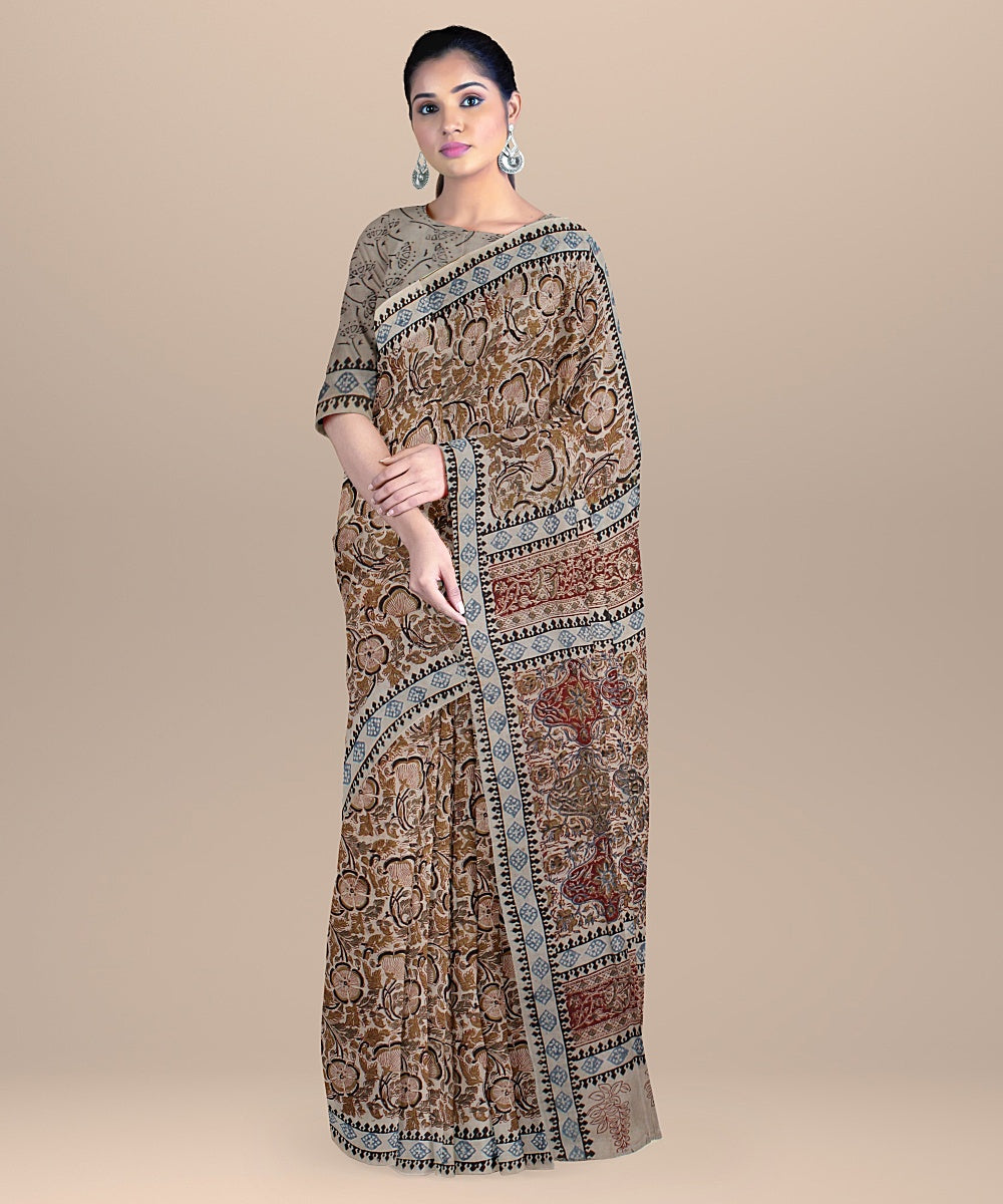 Beige cyan blue red cotton handloom block printed kalamkari saree