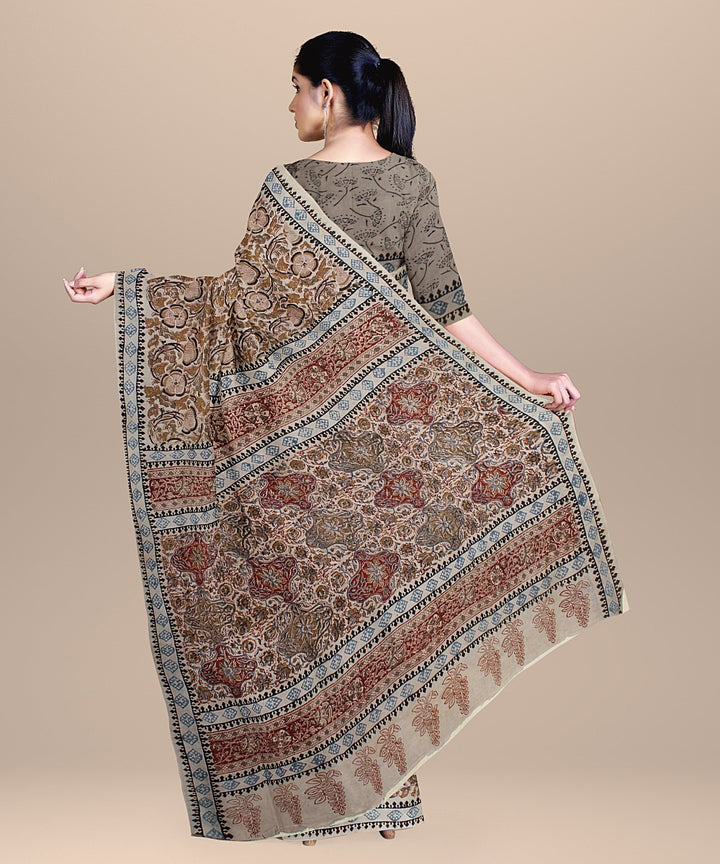 Beige cyan blue red cotton handloom block printed kalamkari saree