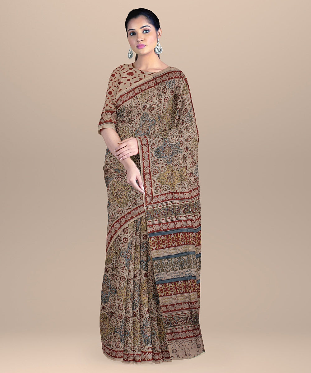 Beige red cyan blue cotton handloom block printed kalamkari saree