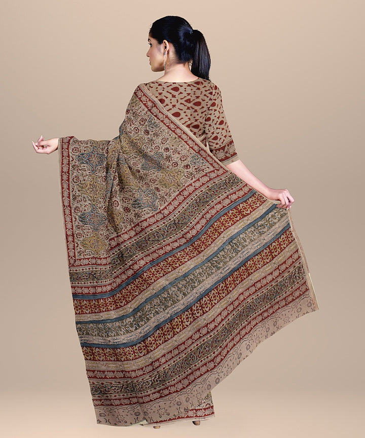 Beige red cyan blue cotton handloom block printed kalamkari saree