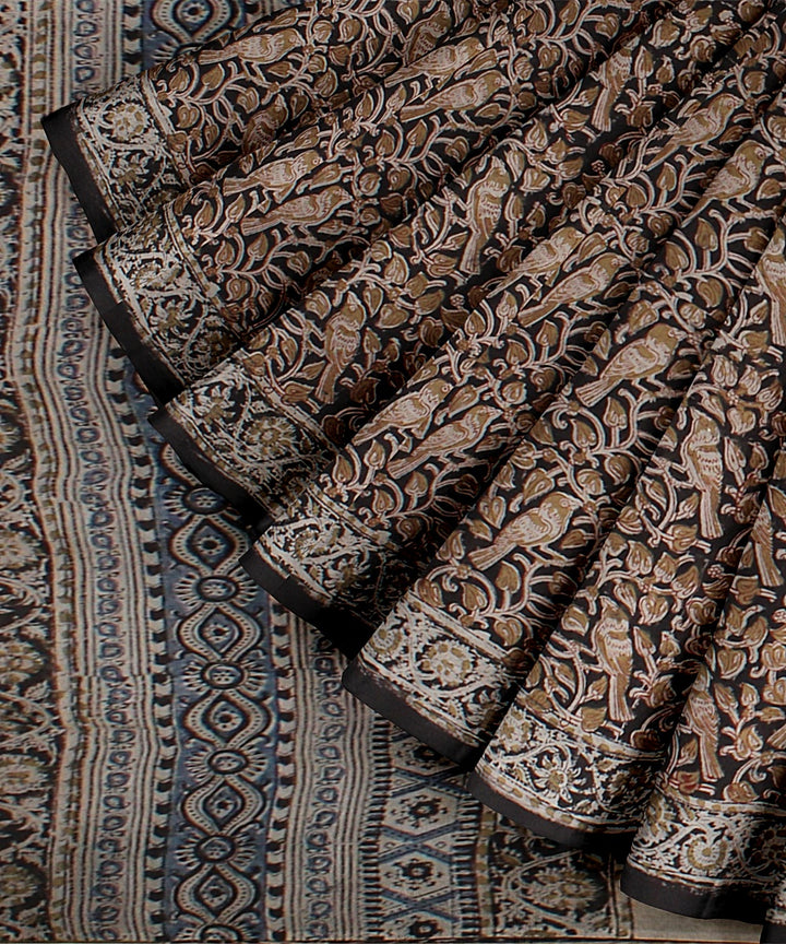 Beige black cyan blue handloom block printed kalamkari cotton saree