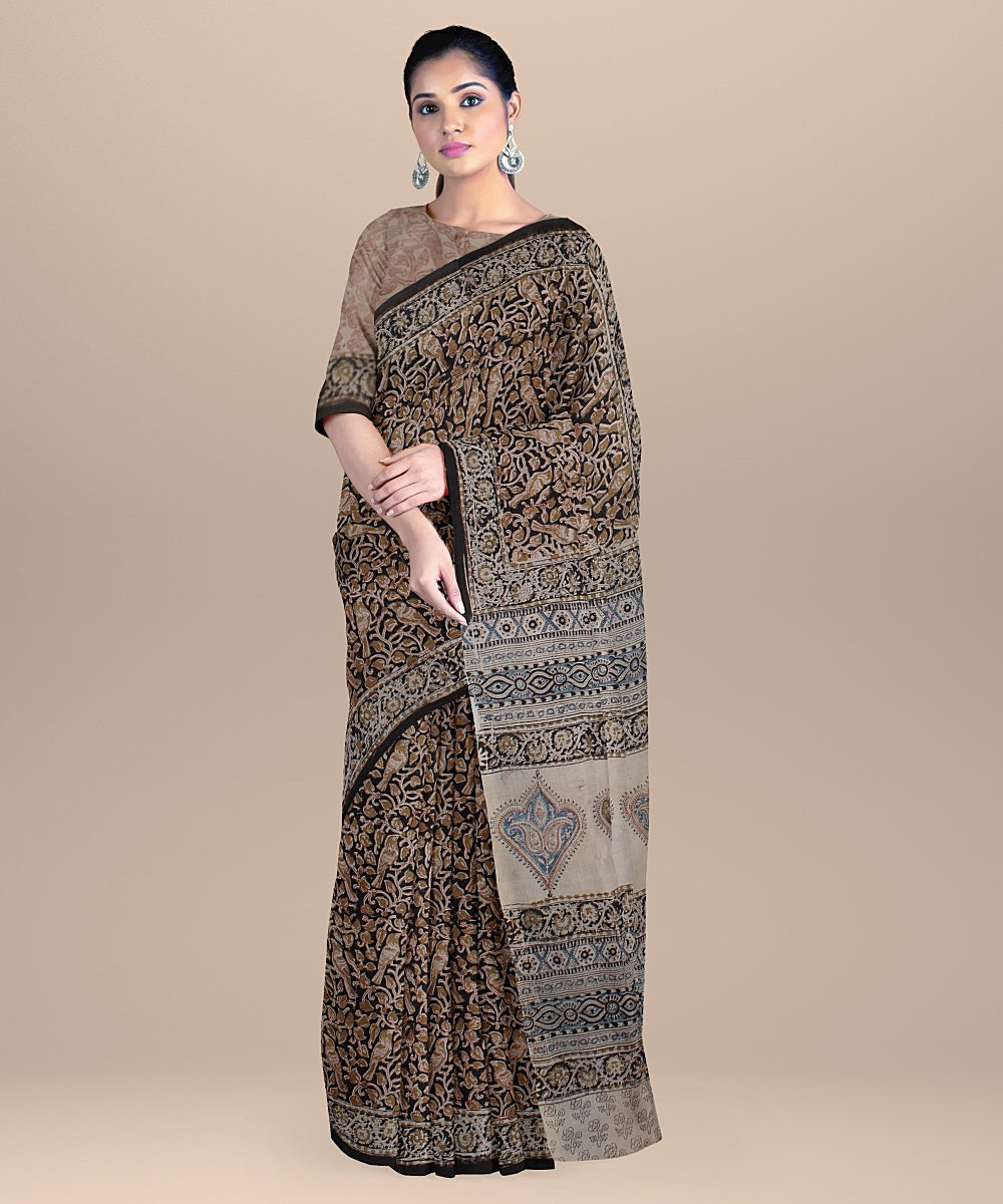 Beige black cyan blue handloom block printed kalamkari cotton saree