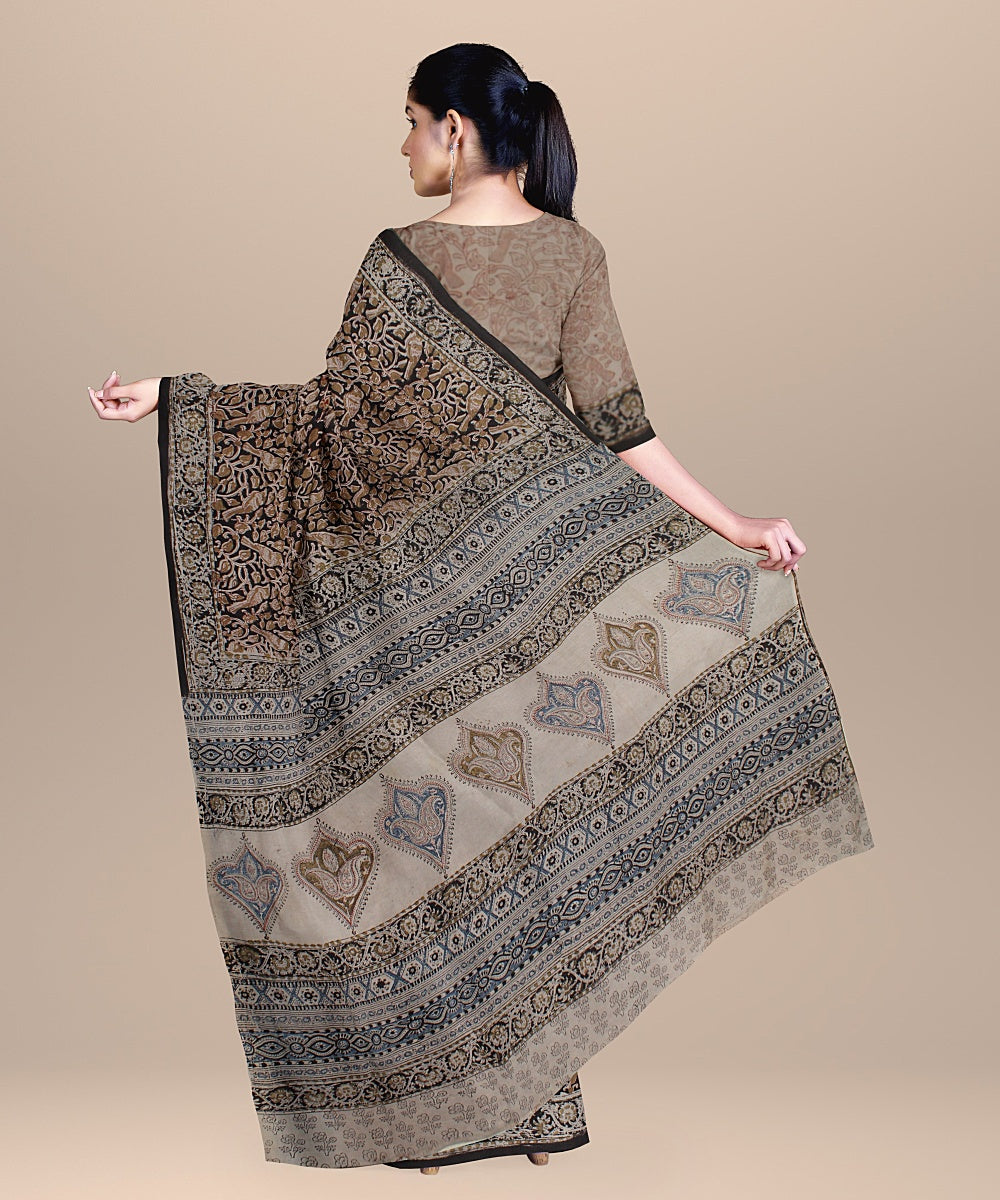 Beige black cyan blue handloom block printed kalamkari cotton saree