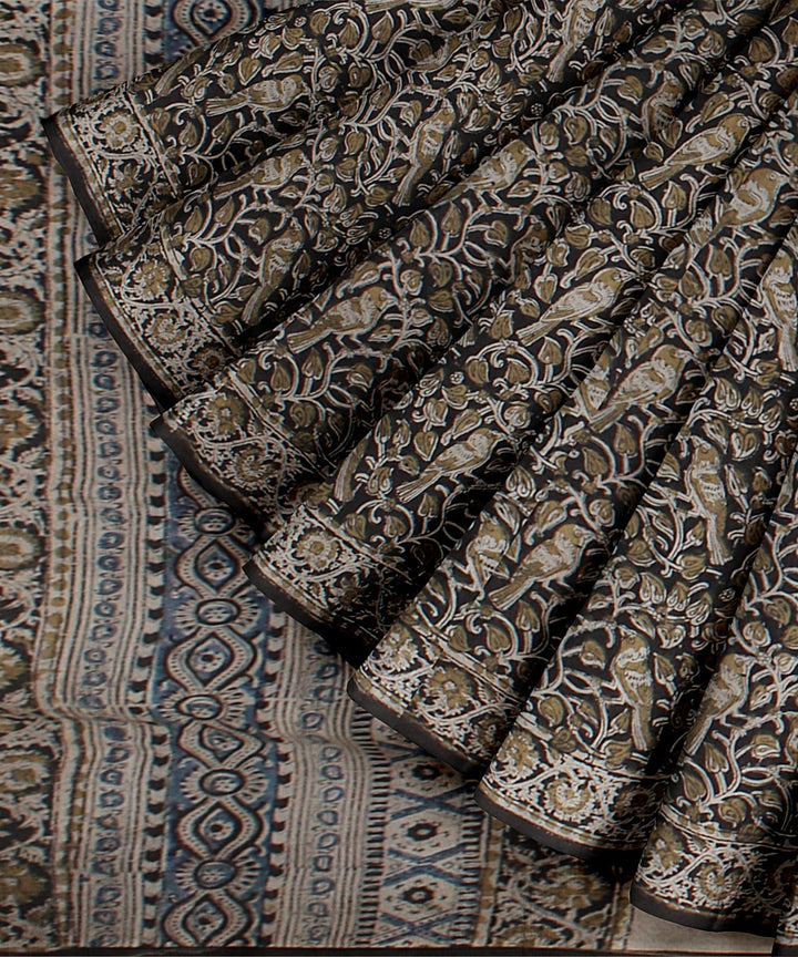 Beige black cotton silk handloom block printed kalamkari saree