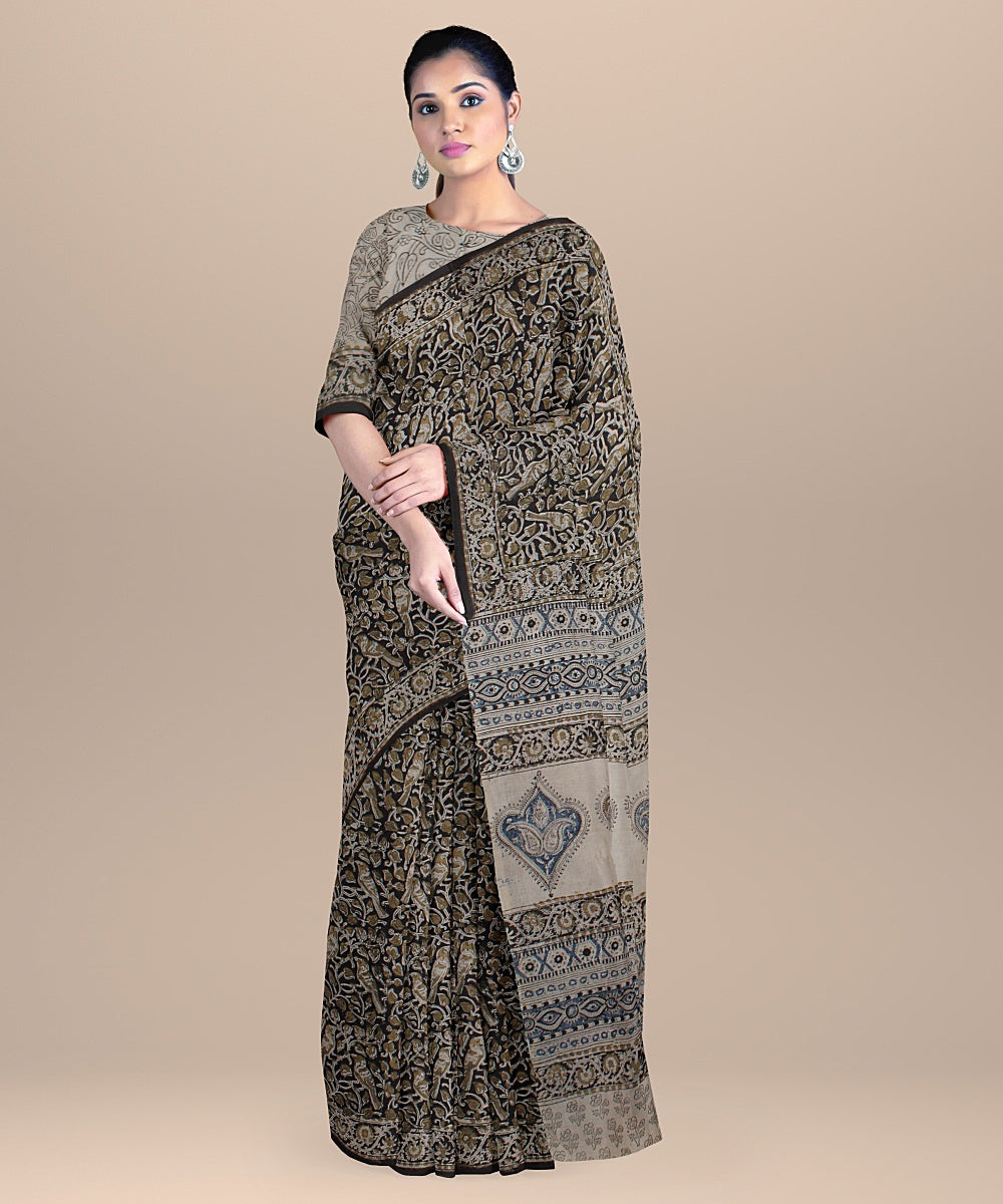 Beige black cotton silk handloom block printed kalamkari saree