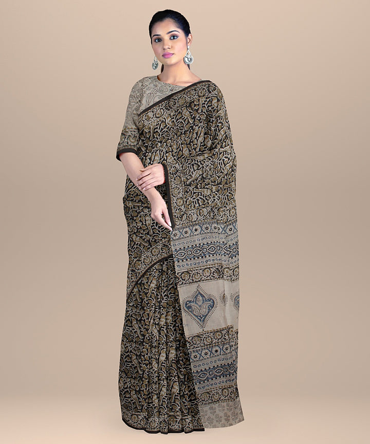 Beige black cotton silk handloom block printed kalamkari saree