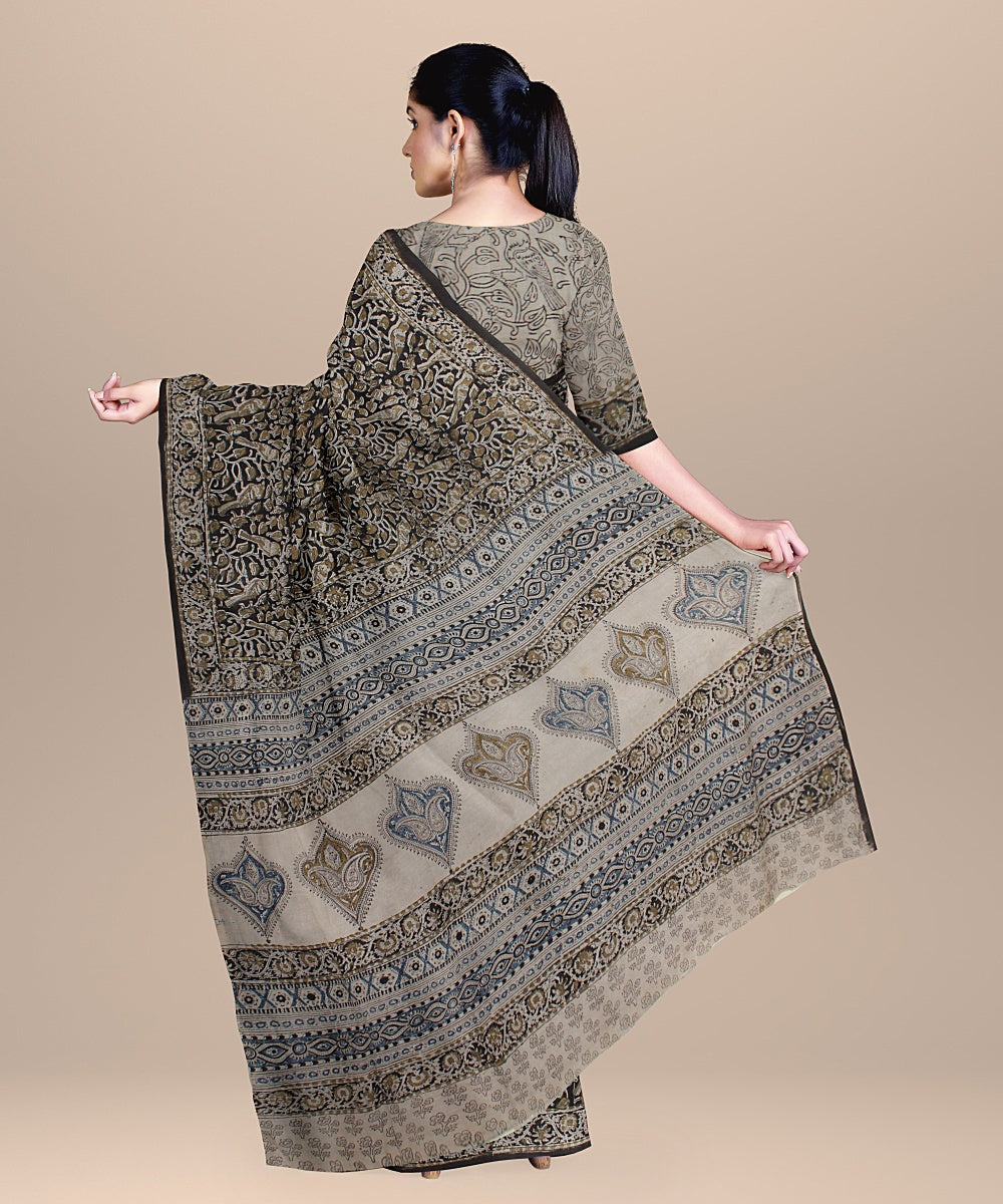 Beige black cotton silk handloom block printed kalamkari saree