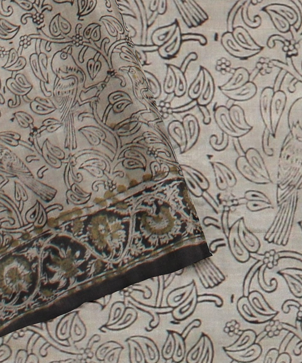 Beige black cotton silk handloom block printed kalamkari saree