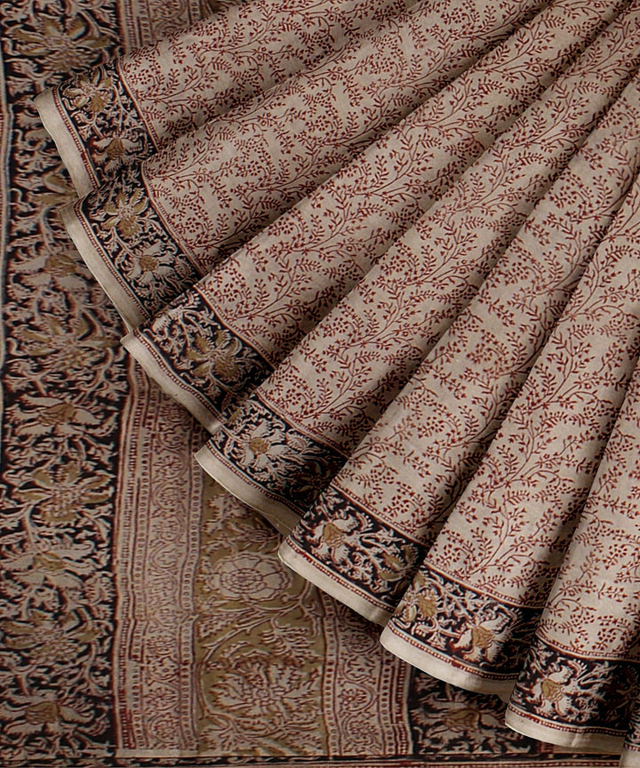 Beige red black cotton handloom block printed kalamkari saree