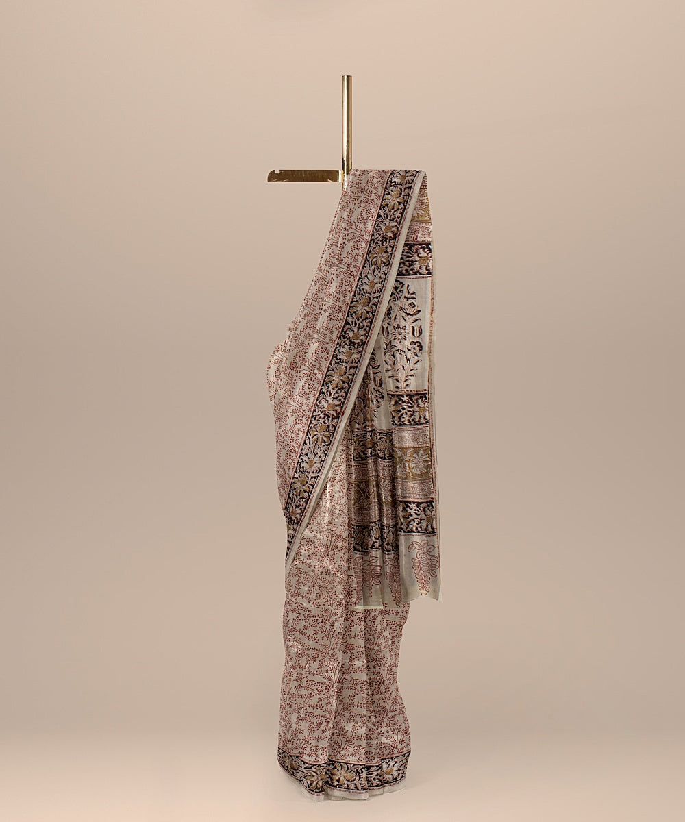 Beige red black cotton handloom block printed kalamkari saree