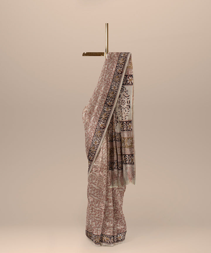 Beige red black cotton handloom block printed kalamkari saree