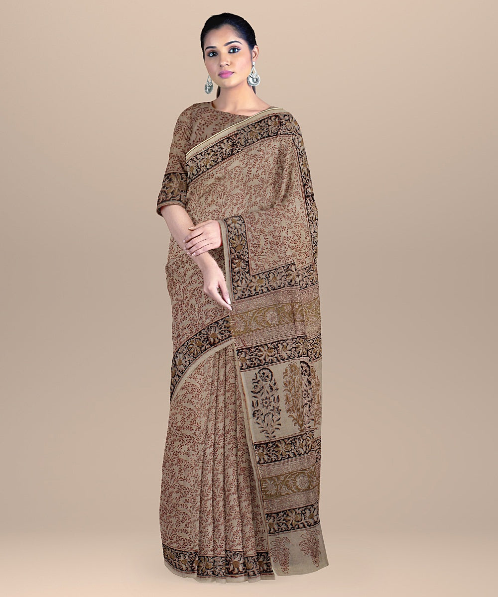 Beige red black cotton handloom block printed kalamkari saree