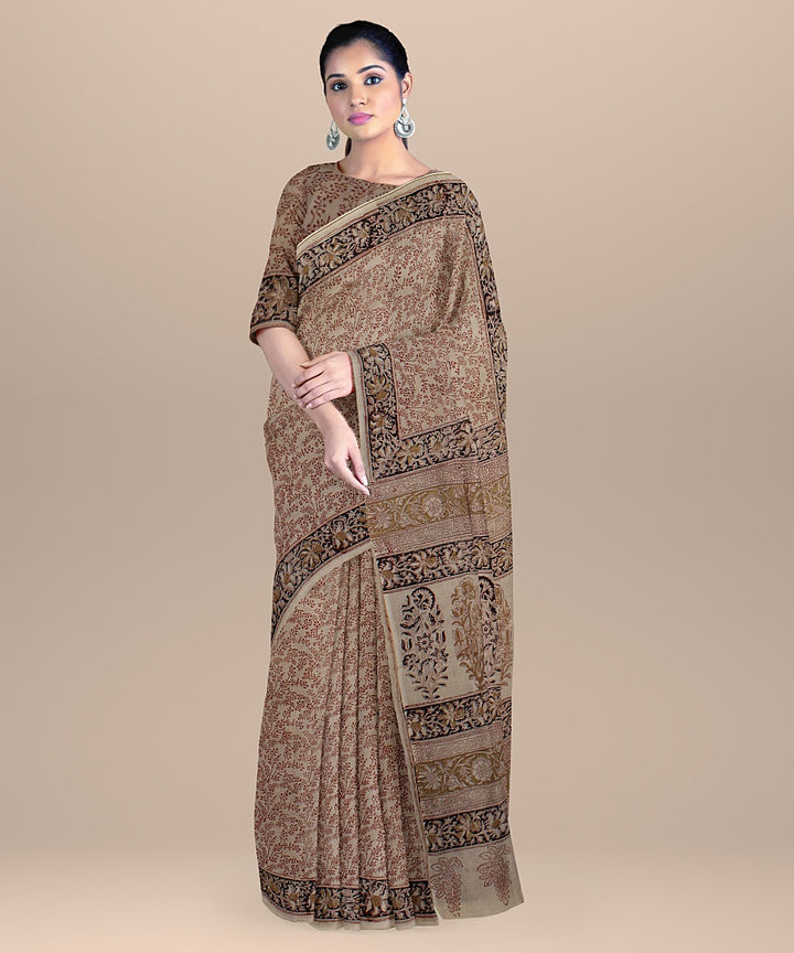 Beige red black cotton handloom block printed kalamkari saree