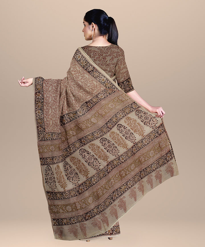 Beige red black cotton handloom block printed kalamkari saree