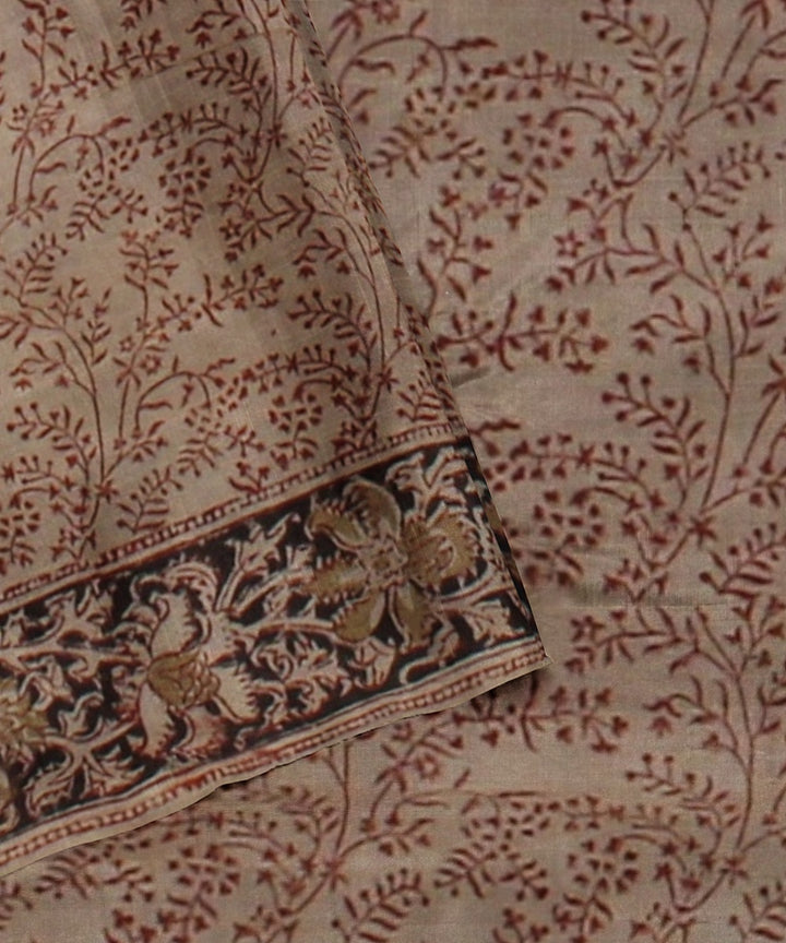 Beige red black cotton handloom block printed kalamkari saree