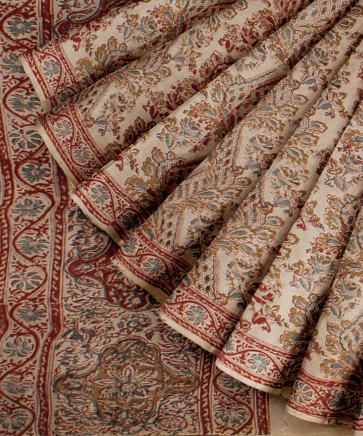 Beige red cotton handloom block printed kalamkari saree