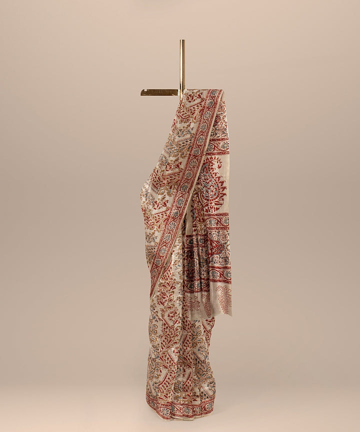 Beige red cotton handloom block printed kalamkari saree