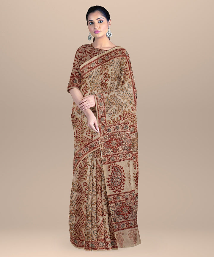 Beige red cotton handloom block printed kalamkari saree