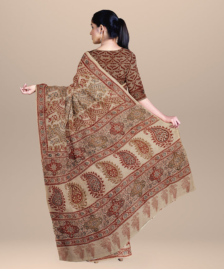 Beige red cotton handloom block printed kalamkari saree