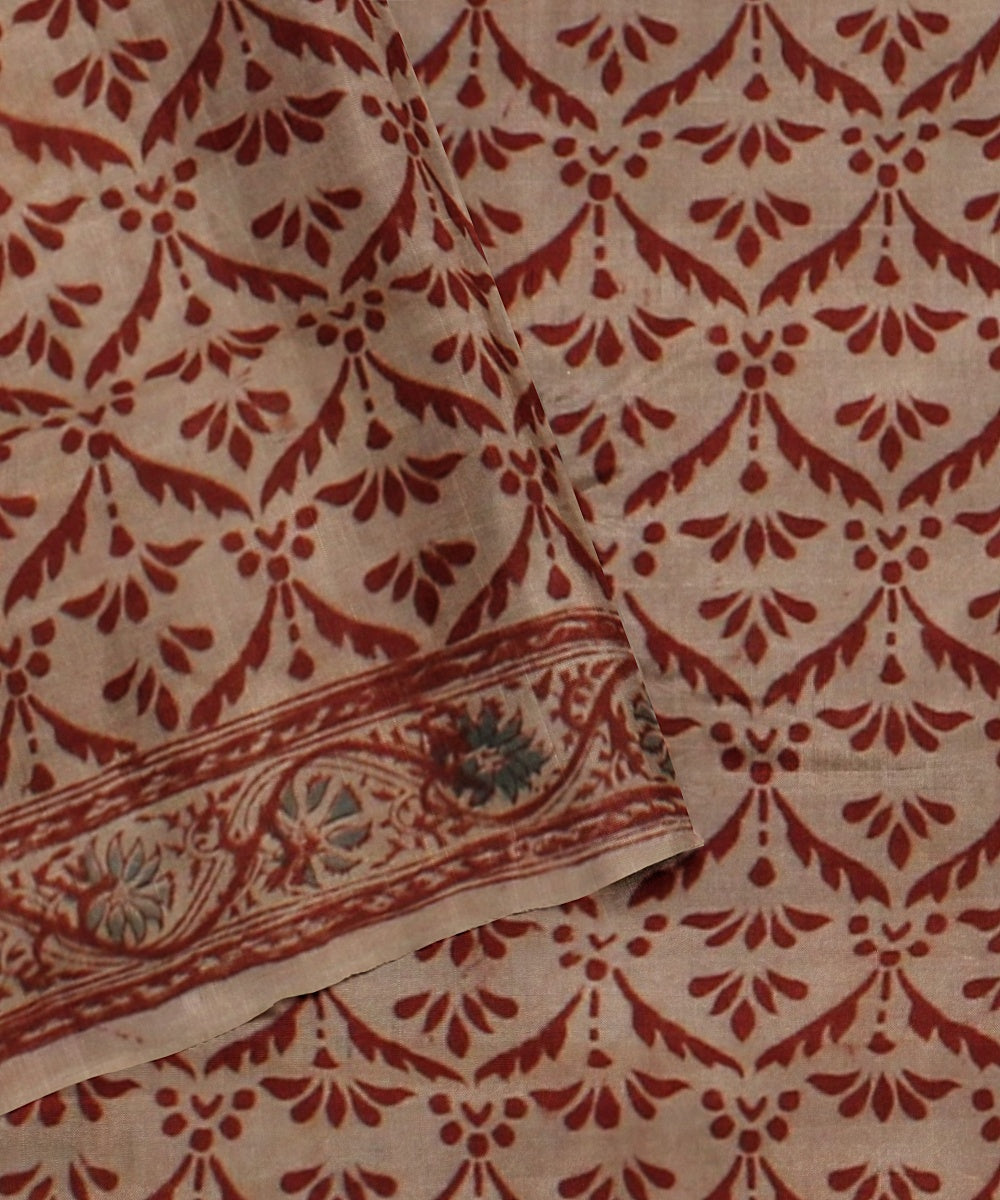 Beige red cotton handloom block printed kalamkari saree