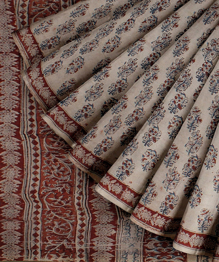 Beige maroon blue cotton handloom block printed kalamkari saree
