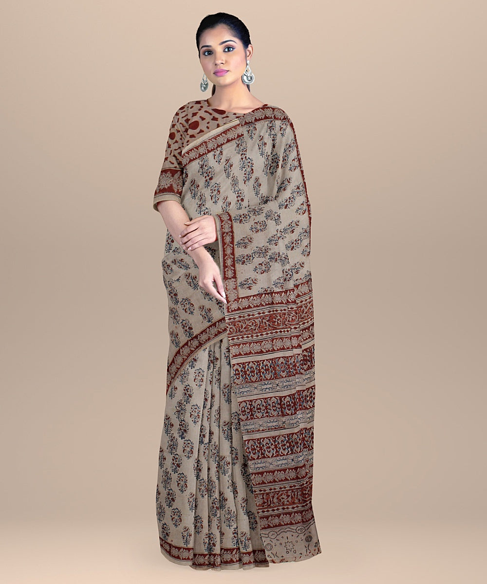 Beige maroon blue cotton handloom block printed kalamkari saree