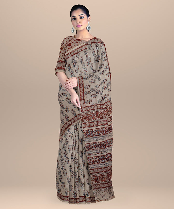 Beige maroon blue cotton handloom block printed kalamkari saree